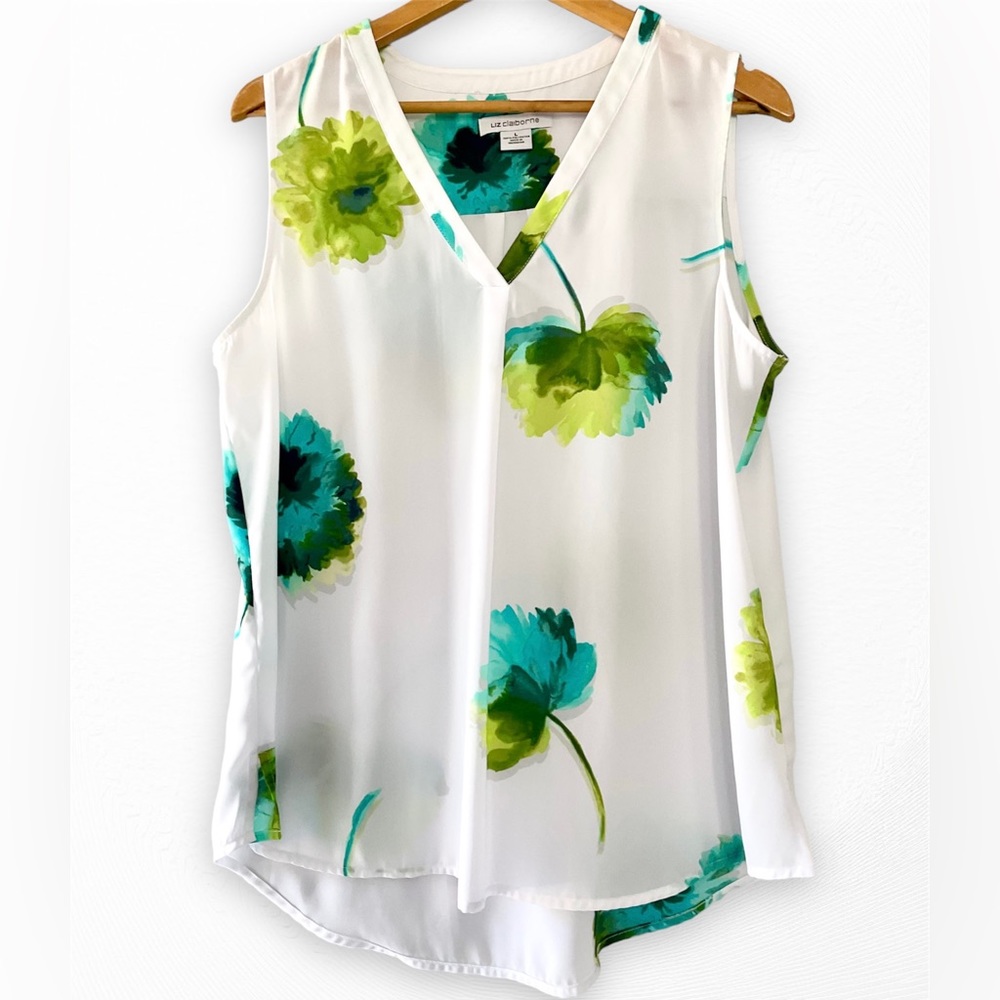 LIZ CLAIBORNE WHITE FLORAL SLEEVELESS BLOUSE SIZE LARGE